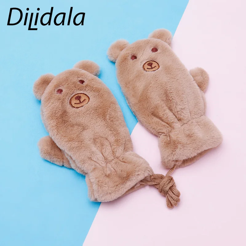 Dilidala, зимние детские перчатки с изображением медведя из мультфильма, толстые плюшевые теплые перчатки, милые перчатки с имитацией кроличьего меха
