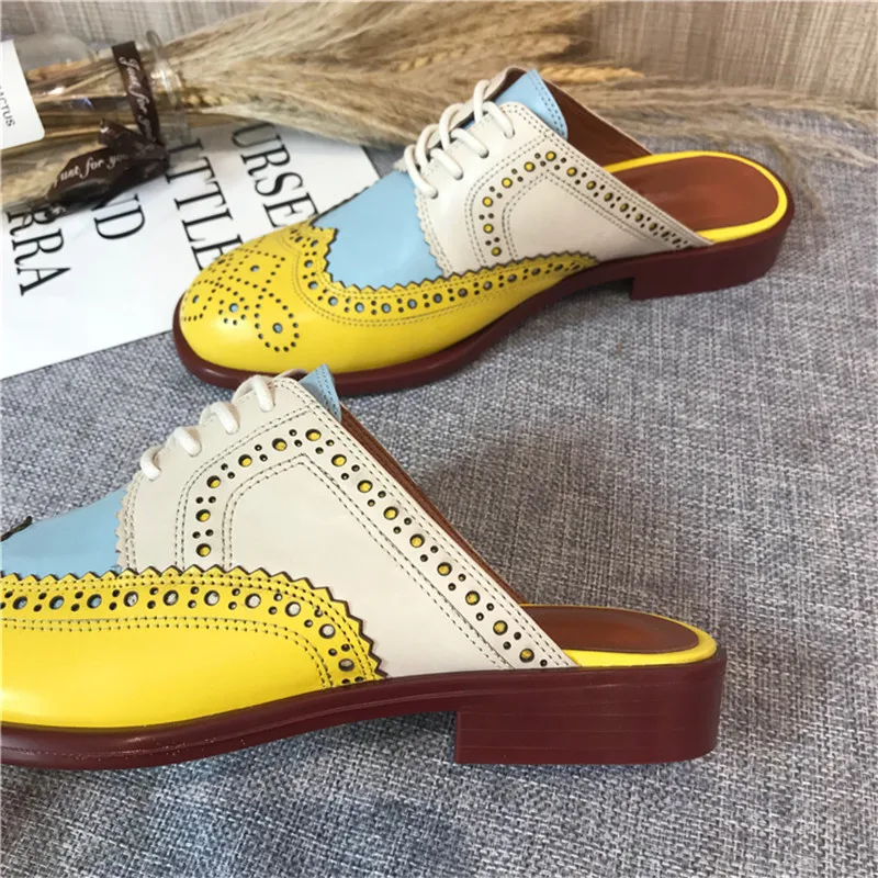 2020 Summer Slides Women's Shoes Carved Round Toe Flats Heel Brogues Mules Shallow Mouth Color Block Oxford Shoes Slippers Women (7)