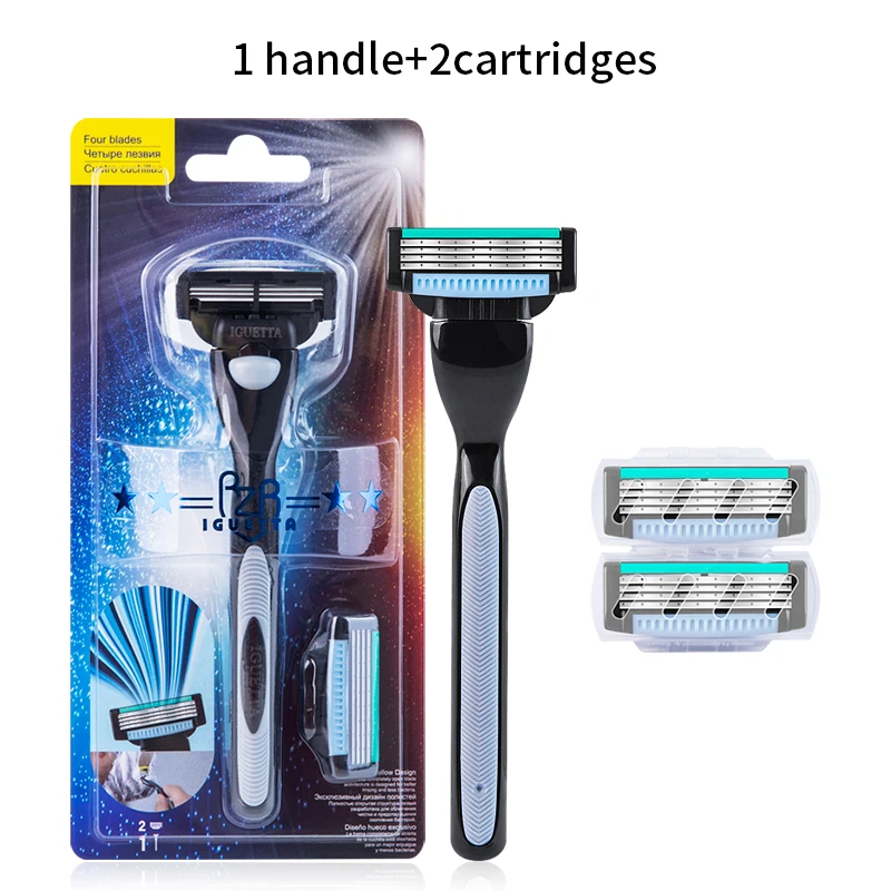 1 Handle 2 Blades RZRIGUETTA новая бритва Для мужчин качество Сталь лезвие 4 Слои держатель для бритвенного станка картридж головка для бритвенного станка с вырезами и легко моется дизайн - Цвет: 1 Handle 2 Blades