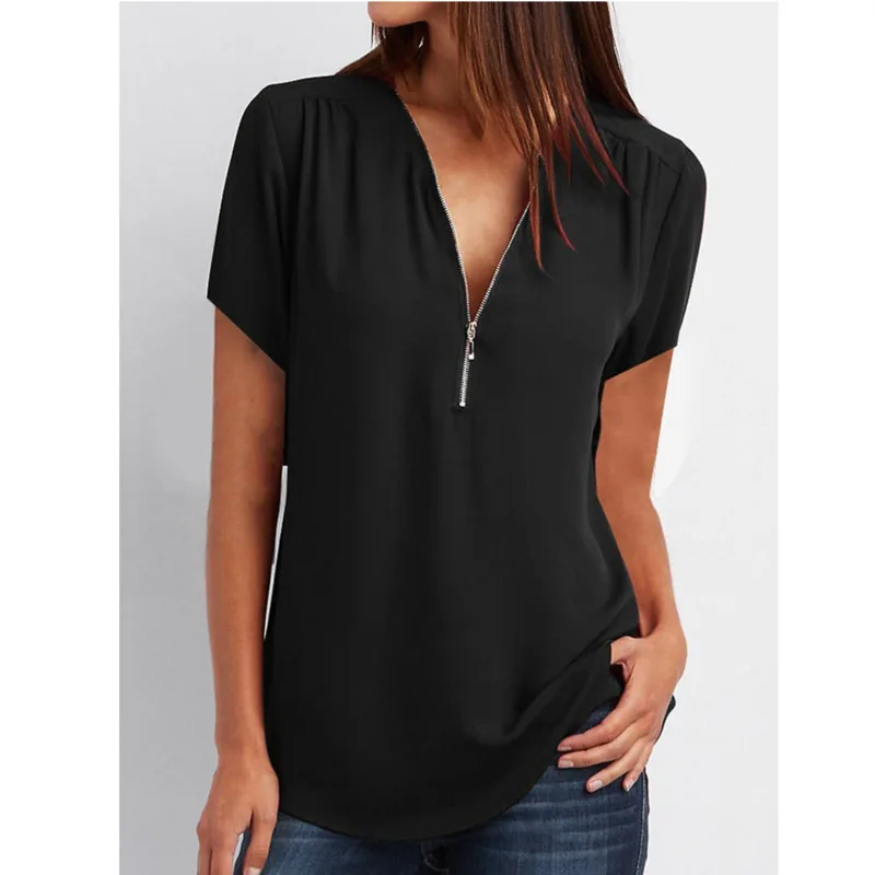 Blusa informal de Chifón con manga corta para verano, camisa color negro con cuello en V para mujer, 2021