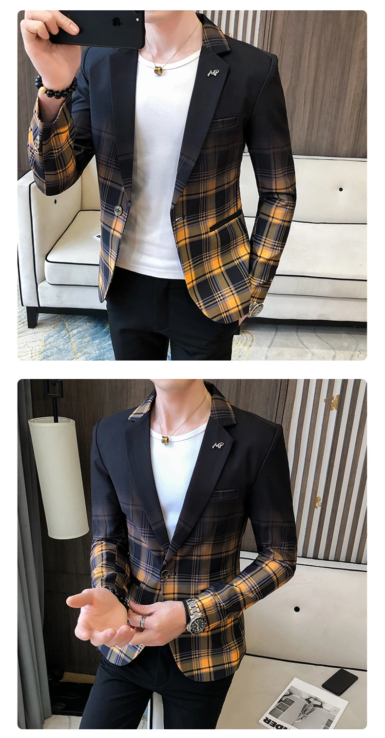 Men Blazer Spring New Colorblock Plaid Blazer Men Slim Casual Man Blazers Wedding Business Party Clothing Dress Men Coats