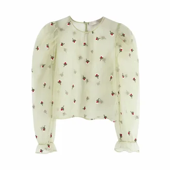 

Stylish floral embriodery mesh crop top transparent long sleeve women short blouse see through sexy causal shirts