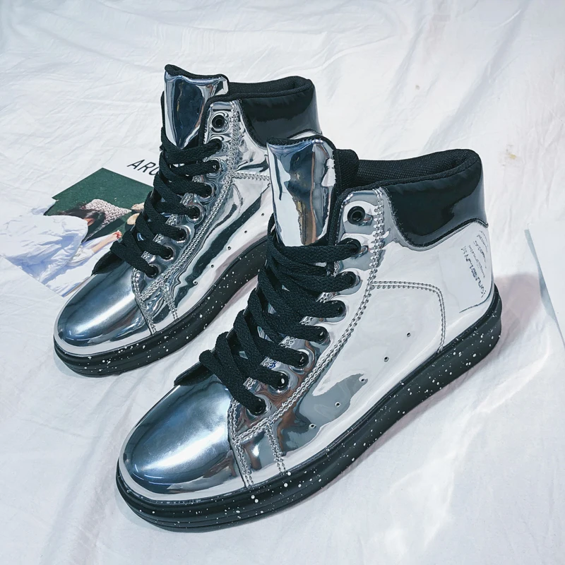 Sooneeya High Top Patent Leather Casual Shoes Men Glitter Luxury Boots Male Driving Shoes Brand Designer Bling Leather Shoes