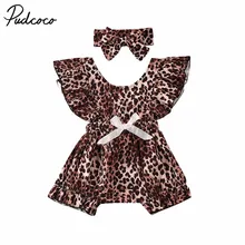 Baby Summer Clothing Newborn Infant Kids Baby Girls Leopard Print Romper Elastic Jumpsuit Headband 2pcs Outfit Clothes