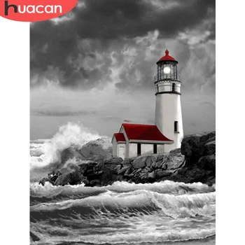 

HUACAN Full Square/Round 5d Diamond Painting Seaside Lighthouse DIY Diamond Embroidery Mosaic Landscape Craft Wall Art Decor
