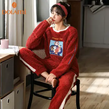 

Autumn Winter Flannel Pajama Set Women Long Sleeve Sports Top Thick Warm Sleepwear Homewear Clothing Lounge Wear Wholesale 2020