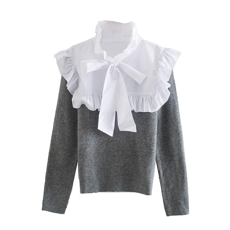 

Sncican bow collar patchwork knitted sweater fashion autumn spring pull femme hiver jumper mujer ladies pullover female tops za