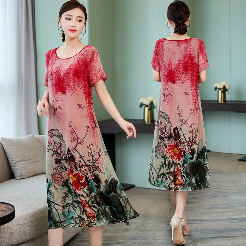 

2019 New Style Summer Ethnic-Style Improved Chiffon Cheongsam Dress Women's Mid-length Chinese-style Slimming Large Size