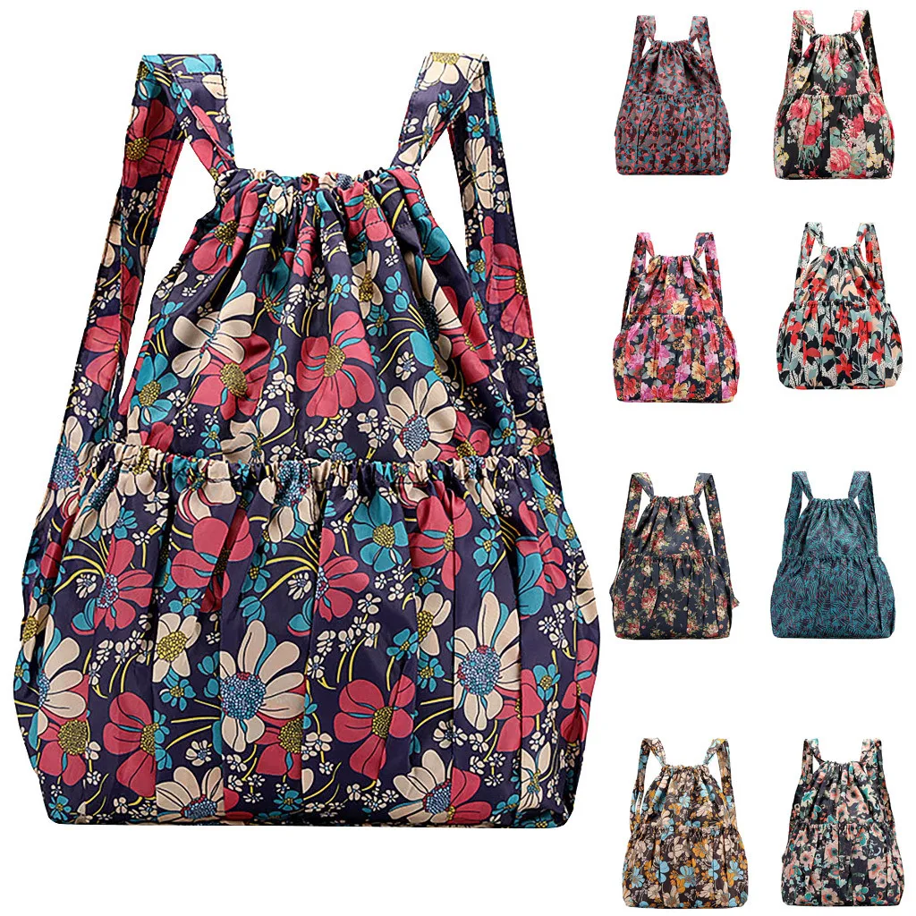 2021 Fashion Vinatge Drawstring Backpacks Women Large Capacity Flower Ethnic Style Waterproof Nylon Rucksack Shoulders Backpacks