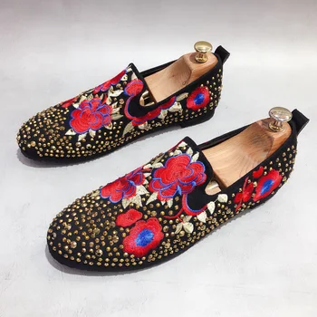 

Mens Round Toe Embroidery Floral Rivet Studed Loafer Slip On Moccasin Shoes Casual Driving New Black Gold