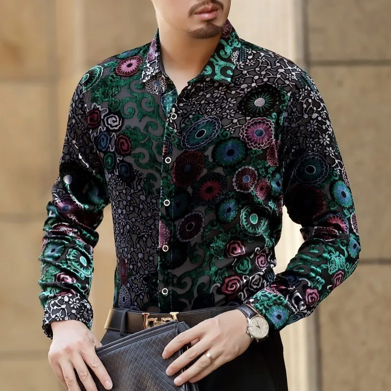 

Green Immitate Silk See Throughs Hawaii Shirt Long Sleeve Autumn Hollow Out Mens Button party Shirts For Men