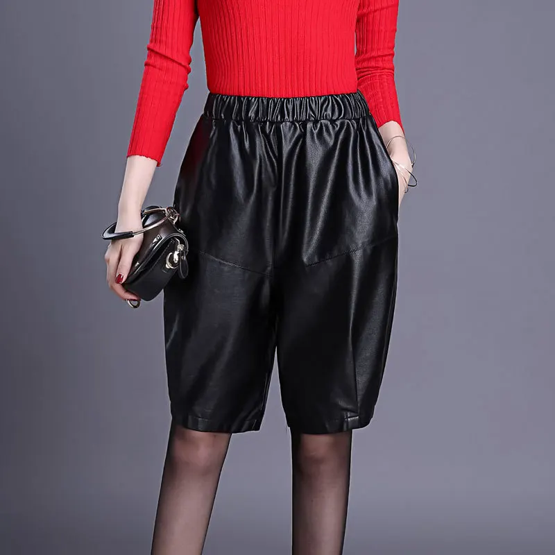 

Women Autumn Winter Elastic High Waist Black PU Leather Shorts Lady Streetwear Hip Hop Punk Harem Plus Size Knee Length Pants