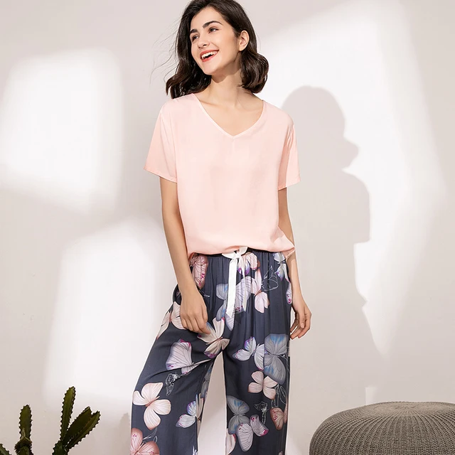 Summer Pajamas Set Women Sleepwear Female Casual Floral Printed Contrasting Color Pyjamas Tops with Long Trousers Home Clothing 4