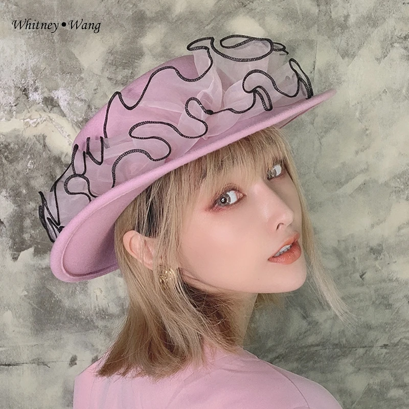 WHITNEY WANG Winter Fashion Streetwear Ruffles Patchwork Wool Caps Women Wide Brim Flat Top Hat Jazz Cap