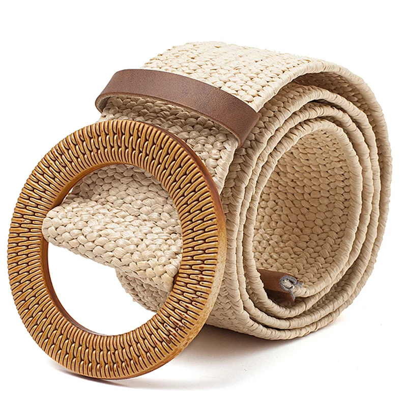 

Straw Wide Belt Female Woven Vintage Round Wooden Buckle Decorative Dress Shirt Belt Beige
