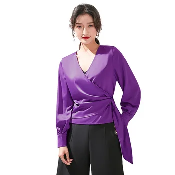 

2020 spring new Korean women's solid color V-neck satin strap shirt sweet long-sleeved chiffon shirt women
