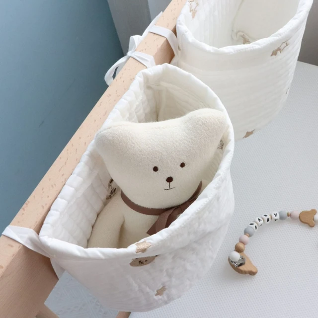Sac De Rangement Suspendu Pour Lit Bébé - 2 Poches En Coton - Sangle Réglable - Organisateur De Berceau Lavable - Couleur Beige