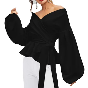 

HOT2019 summer autumn Ms shirt Casual Sexy loose lantern sleeve blouse Slash neck bowknot accept waist long-sleeved shirt female