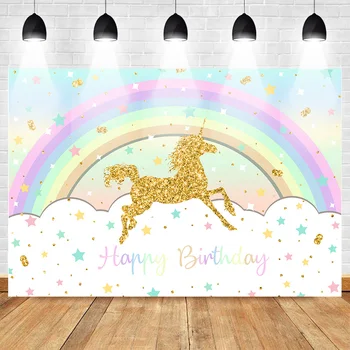 

Happy Birthday Unicorn Background Rainbow Backdrop Golden Unicorn Glitter Star Decoration Background for Children Birthday Party