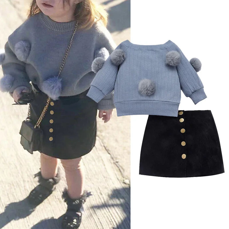 

Pompom-Ball Girls Clothes 2Pcs Set Warm Sweater+Pencil skirt Kids Winter Clothing For Girl 2-7Years Cotton Travel Casual Set D30
