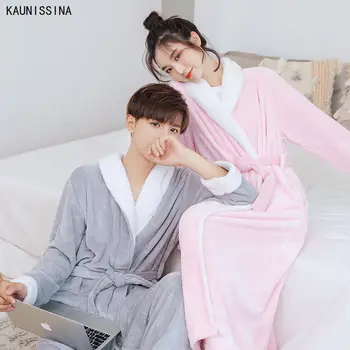 

Couple Robes Women Winter Coral Fleece Long Thick Men's Flannel Bathrobe Mid-Calf Bath Robes with Belt Pockets Homewear