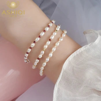 

ASHIQI Real Natural Freshwater Pearl bracelet for Women with 925 Sterling Silver Button Natural Crystal Handmade Jewelry Gift