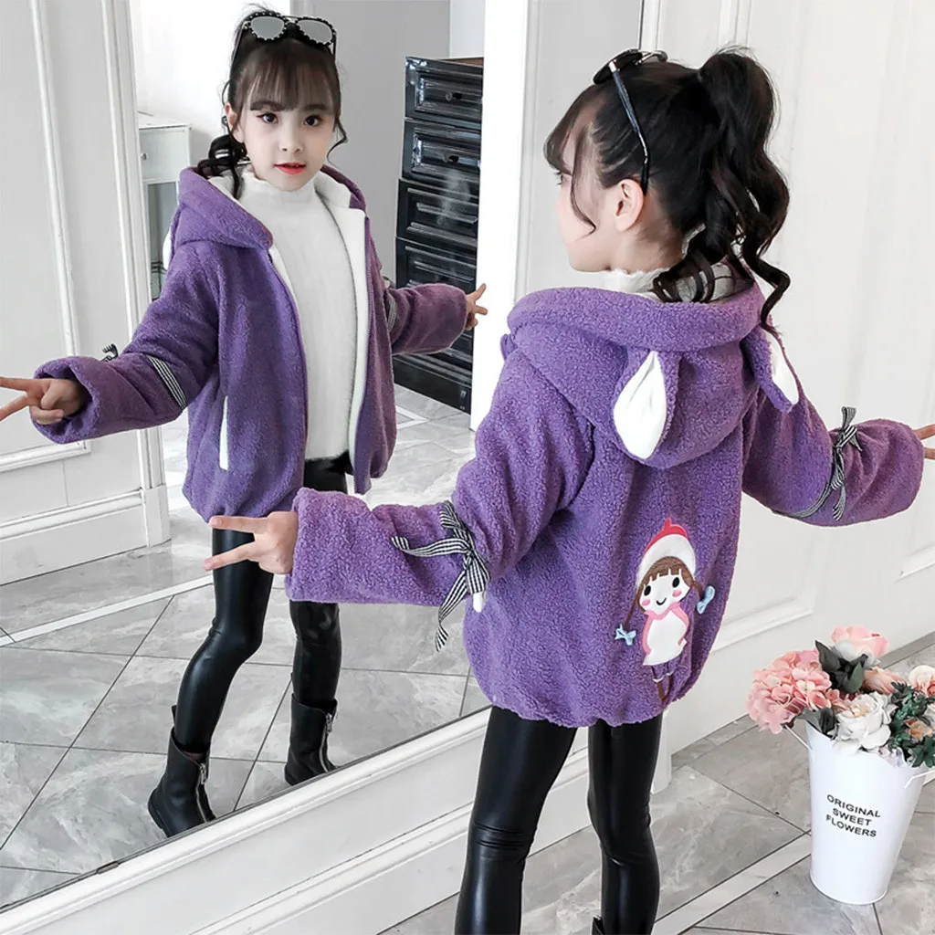Purple Модное пальто для девочек; зимнее детское хлопковое Стеганое пальто для малышей с капюшоном в виде кролика; Свободное пальто с длинными рукавами и принтом для девочек;# guahao - Цвет: Purple