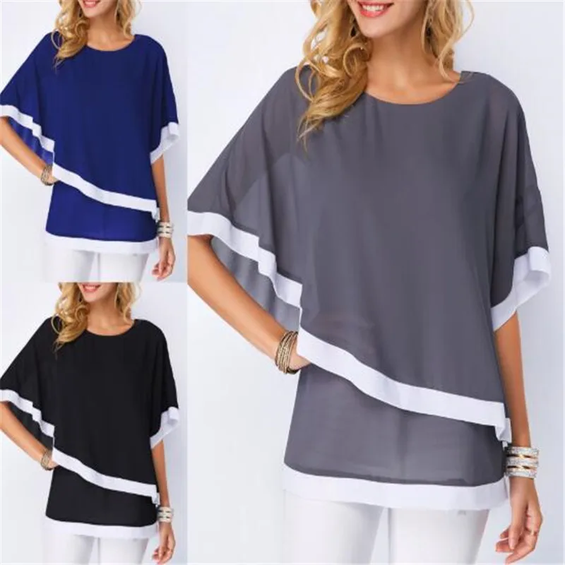 

Summer Women Chiffon Shirt 2019 Bat Sleeve Stitching Irregular Loose Casual Tops