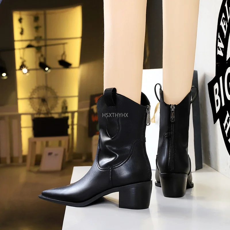 Botines occidentales de Cowboy para mujer, zapatos puntiagudos de tacón  grueso, botas cubanas, 34 40|Botas hasta el tobillo| - AliExpress