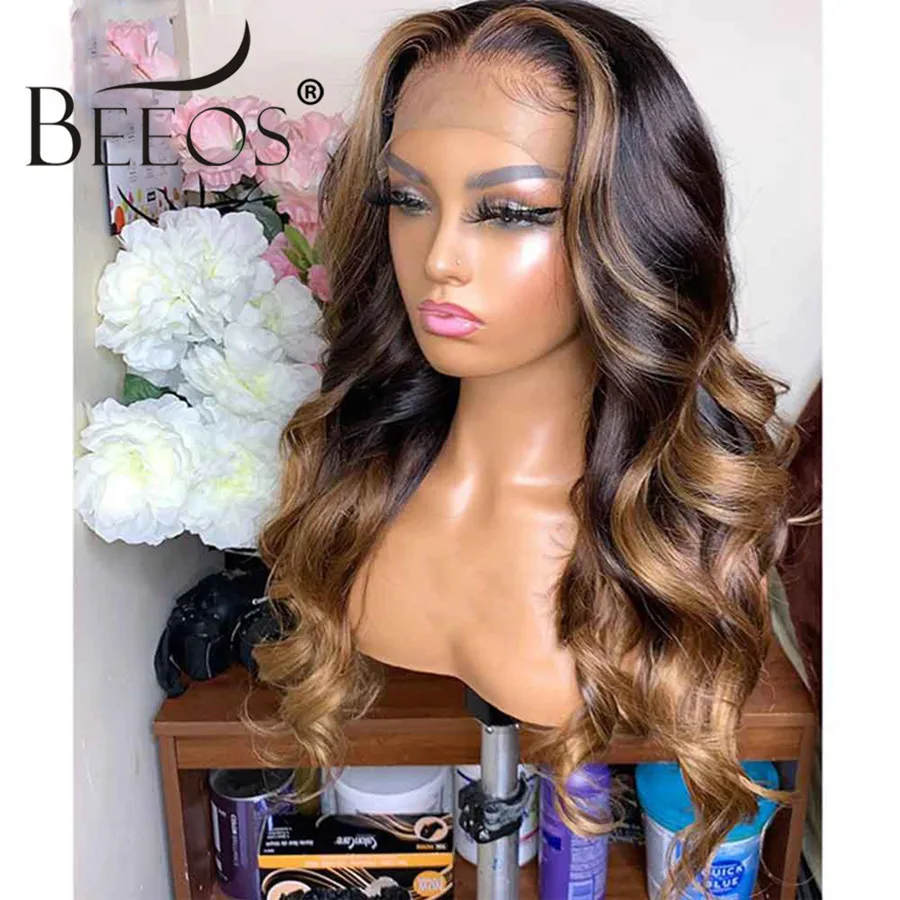 Beeos 13*6 180% Deep Part Lace Front Human Hair Wig Body Wave Ombre Honey Blonde Bleached Knots Brazilian Color Remy Hair