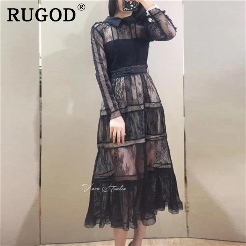 RUGOD 2020 весеннее кружевное длинное женское платье элегантное вечернее с отложным