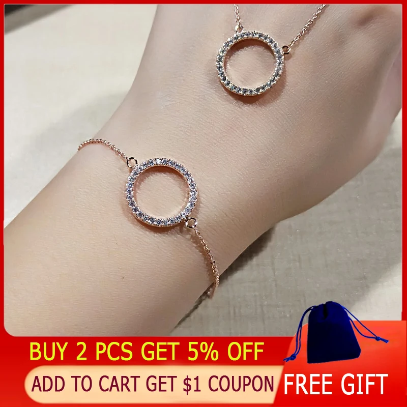 SINLEERY Fashion Paved Tiny Crystal Circle Round Bracelets For Women Rose Gold Silver Color Link Chain Bracelet SL082 SSK - Image 2