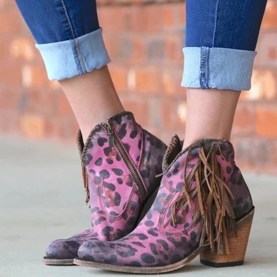 

MoneRffi Autumn Winter Women's Boots Genuine Leather Suede Ankle Boots Leopard Tassel Side Zip High Heel Short Boots Party Shoes