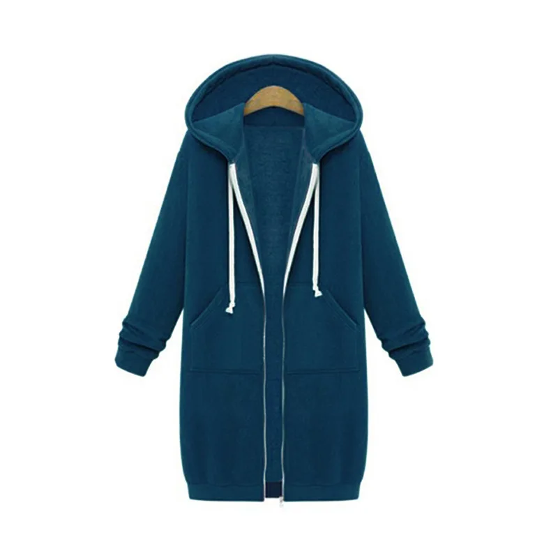 Женские толстовки с капюшоном больших размеров, осенне-зимние теплые хлопковые бархатные пальто, женские толстовки с капюшоном на завязках, верхняя одежда, длинное пальто - Цвет: Синий