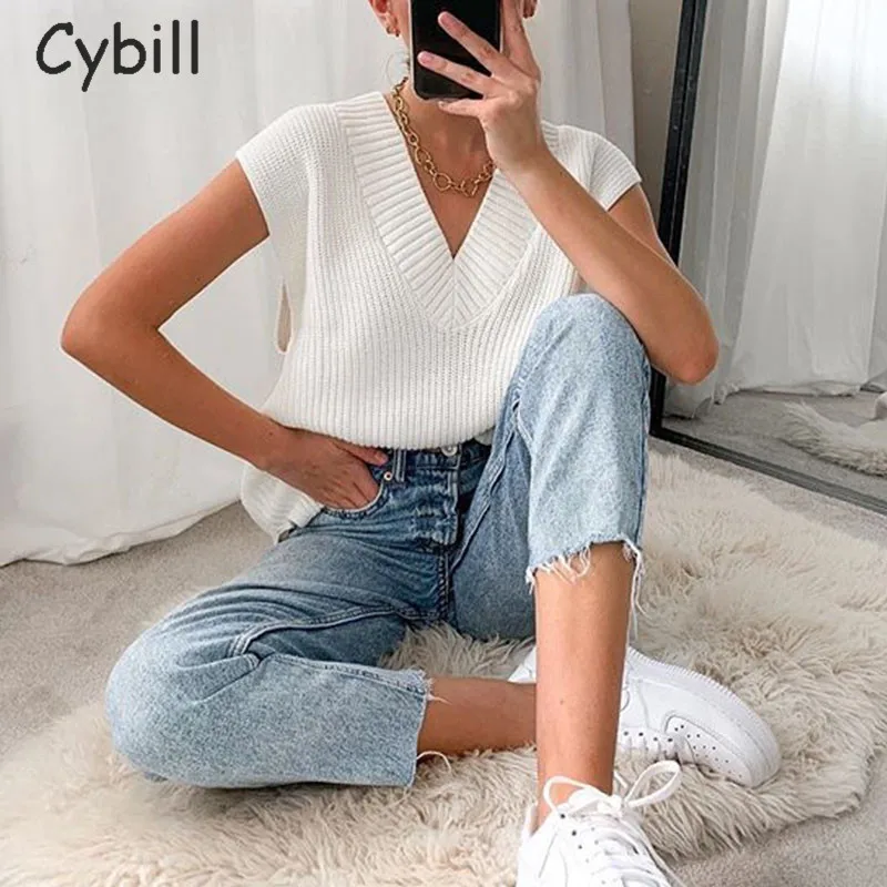 Cybill Casual Long Knitting Sweater Women V Neck White Loose Vest For Oversize Sweaters Pullover | Женская одежда