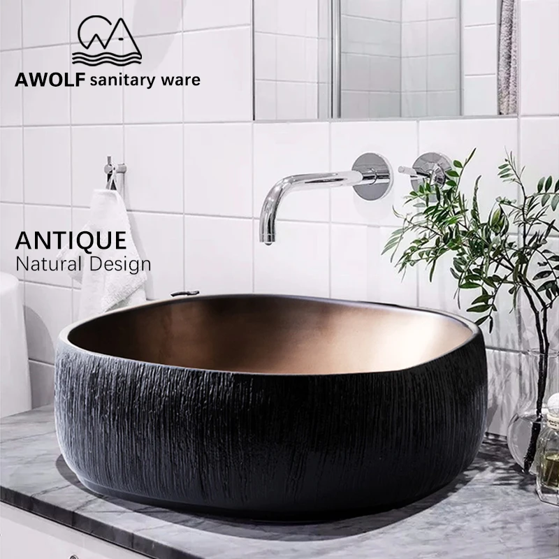 Ceramic Vessel Antique Square Stone Design Art Sinks Bathroom Washing Basin Bowl Above Counter Lavatary Balcony Black AM921 Ceramic Vessel Antique Square Stone Design Art Sinks Bathroom Washing Basin Bowl Above Counter Lavatary Balcony Black AM921