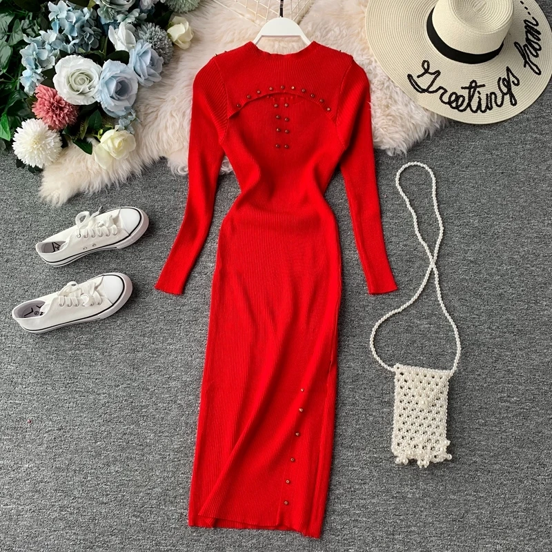 

Fall Women Knitted O-Neck Hollow Out Sheath Slim Nail Beading Dress Female Autumn Long Sleeves Trim Mid-calf Knit Skinny Dress