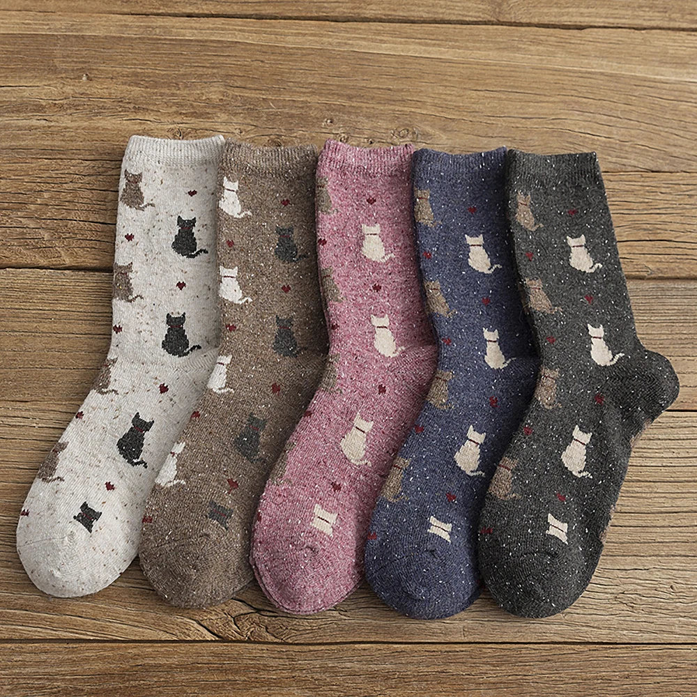 Fashion Animal Girls Socks Autumn Winter Warm Clothing Accessories Cute Cat Print Women Soft Thicken Wool Cartoon | - Цена: 
