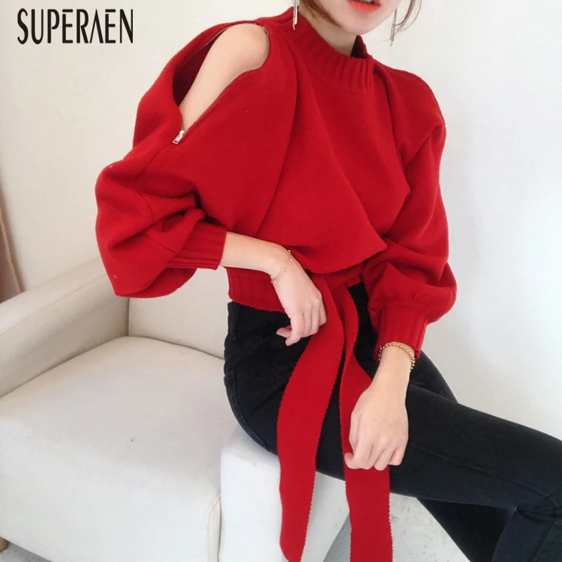 SuperAen, корейский стиль, женские пуловеры, свитер, осень, новинка, с открытыми плечами, женские свитера, сплошной цвет, дикие, повседневные, женские топы