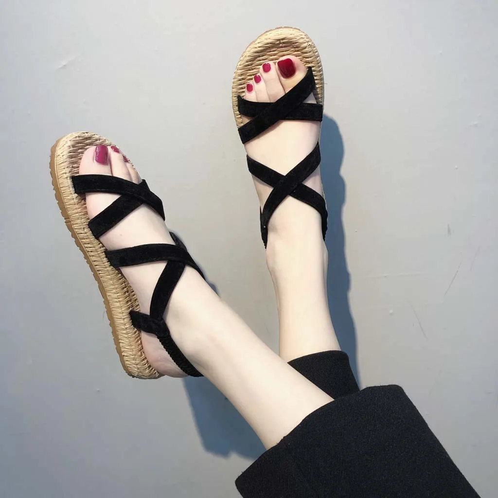 

Women's Shoes Flat With Cross Straps Open Toe Sandals Fashion Hollow Elastic Slippers sandały damskie chaussures femme ete 2019