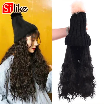 

Synthetic Hair Extensions Brown Black Color 14inch Long Wave Cap Hair Extension With Knitted Hat For Winter