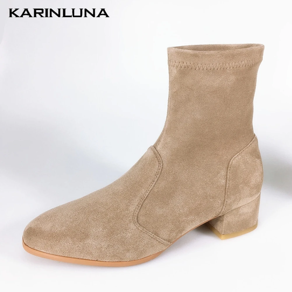 

Karinluna 2020 High Quality Square Toe Sock Shoes Women Boots Chunky Heels Slip On Elegant Lady Ankle Boots Shoes Woman