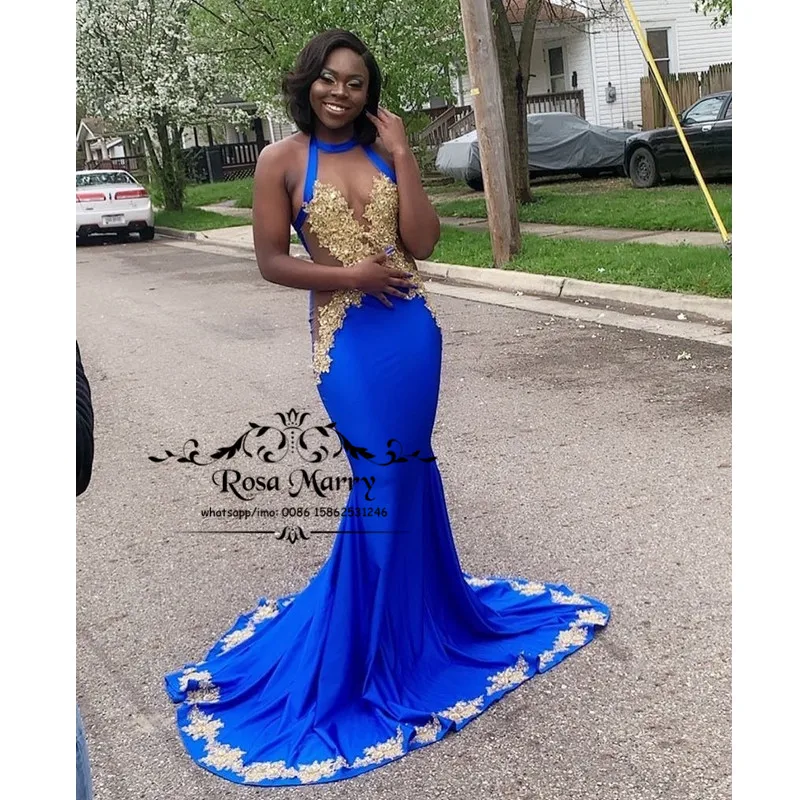 

Sexy Royal Blue Mermaid Prom Dresses 2K20 Gold Lace Appliques Plus Size Black Girls African 2020 Cheap Satin Formal Party Gowns