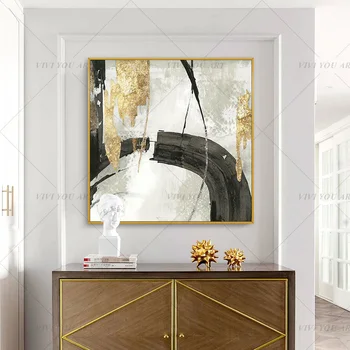 

100% Handmade Golden White Black Abstract Painting Modern Art Picture For Living Room Modern Cuadros Canvas Art High Quality