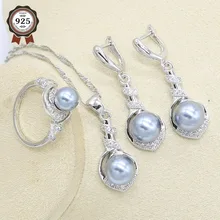 Серый Цвет жемчужно-белый циркон набор украшений из серебра 925-й пробы для Для женщин серьга, ожерелье, подвеска кольцо подарок для свадьбы дня рождения