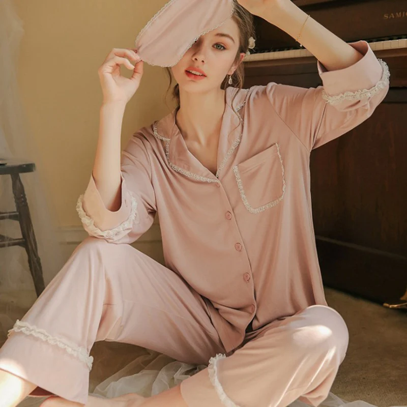 

Women Leisure Full Sleeves Modal Home Clothings Fashion Turn-Down Collar Sleep Suits Princess Sexy Lace Sweet Cotton Pajamas New