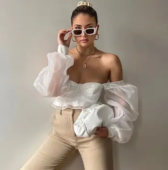 

Top Quality High Street Autumn Style Sexy Off Shoulder Mesh White Women Top 2020 Celebrity Designer Fashion Ladies Tops