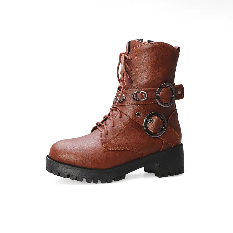brown boots Уличные ботинки на шнуровке с перекрестными ремешками в стиле панк Женская осенне-зимняя обувь женские армейские сапоги в стиле милитари на толстой подошве 33-43 - Цвет: brown boots