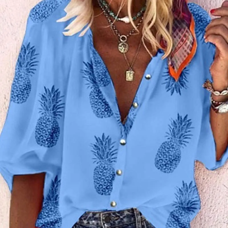 Elsvios 5XL сексуальная шифоновая блузка с v-образным вырезом и пуговицами Женская Осенняя блузка с длинными рукавами рубашка винтажная женская верхняя блуза с принтом цепи Mujer - Цвет: 03 Blue