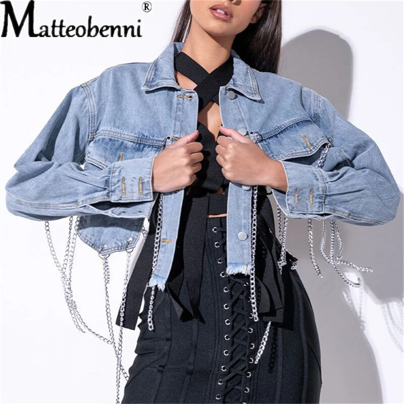 2021 Fashion Sexy Back Chains Hollow Out Long Denim Jacket Spring Autumn Women Backless Ripped Hole Jeans Jacket Streetwear Coat